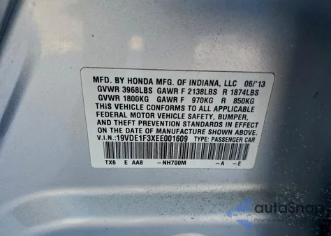 2014 Acura Ilx 20 from USA, damaged, VIN 19VDE1F3XEE001609